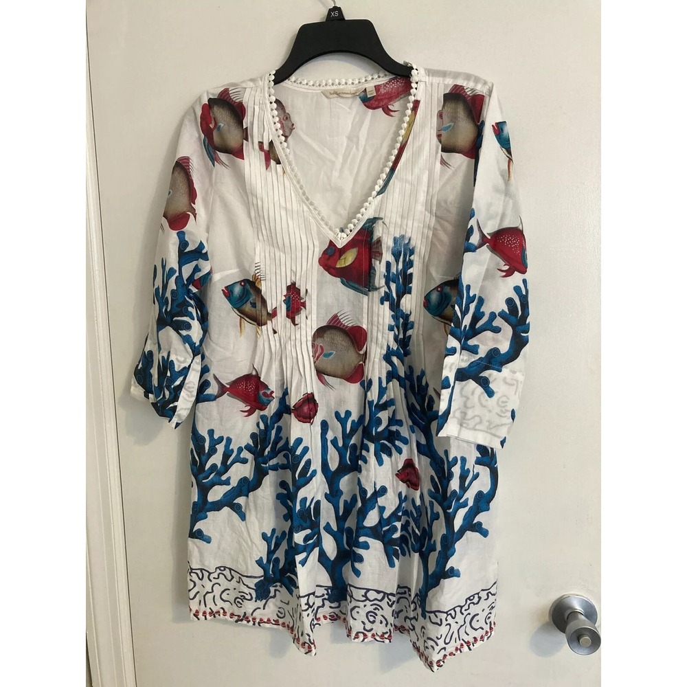 Soft Surroundings Women's Blouse PXS Petite Tunic Top Fish Coral #1262